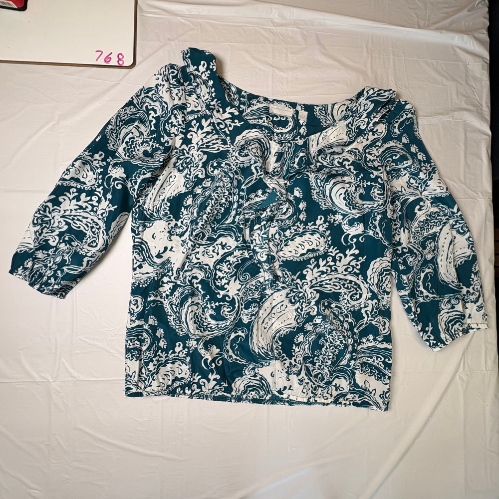 New York & Company Womens Teal‎ White Paisley Ruffle 3/4 Sleeve Blouse Large